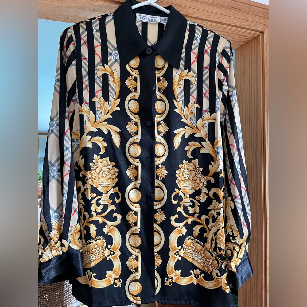 Impressions of California Black and Gold Baroque grunge Blouse Size S